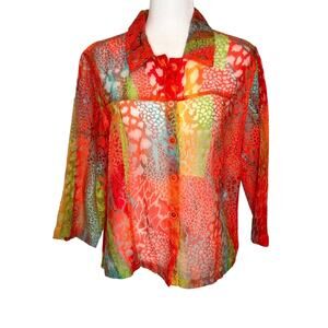 Toni Morgan Bright Giraffe Print Sheer Burn Out 3/4 Sleeve Button Up Blouse LGE
